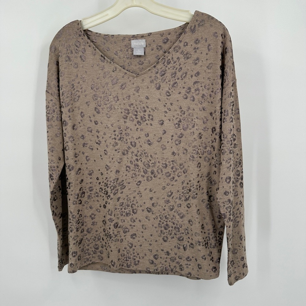 Chicos Womens Metallic Leopard  Long Sleeve Top Sz‎ 0 US S Shimmer Office Safari
